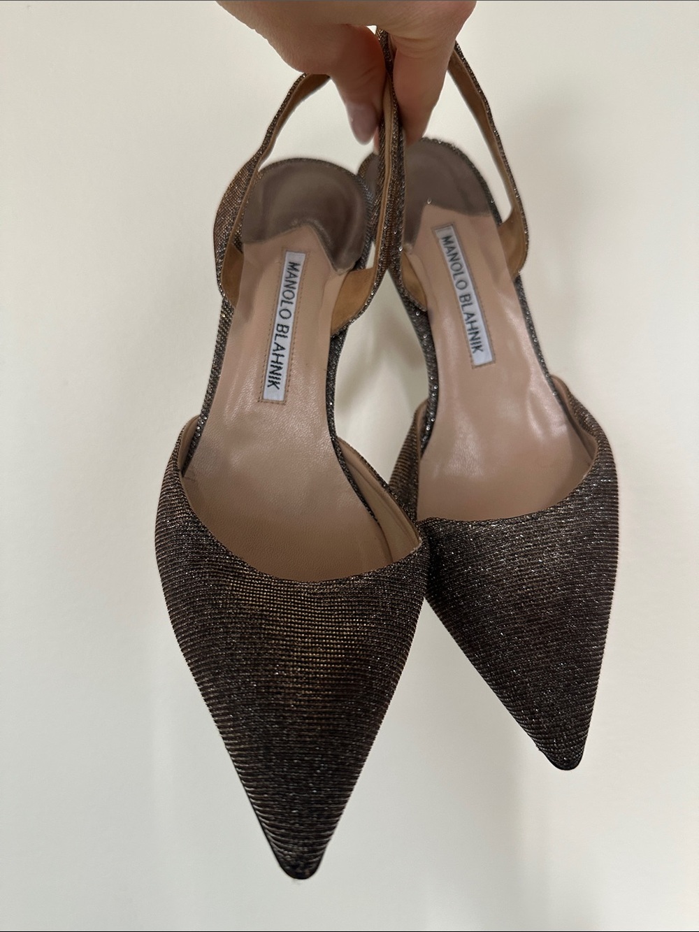 Manolo Blahnik Bronze Glitter Pointed Slingback Pumps